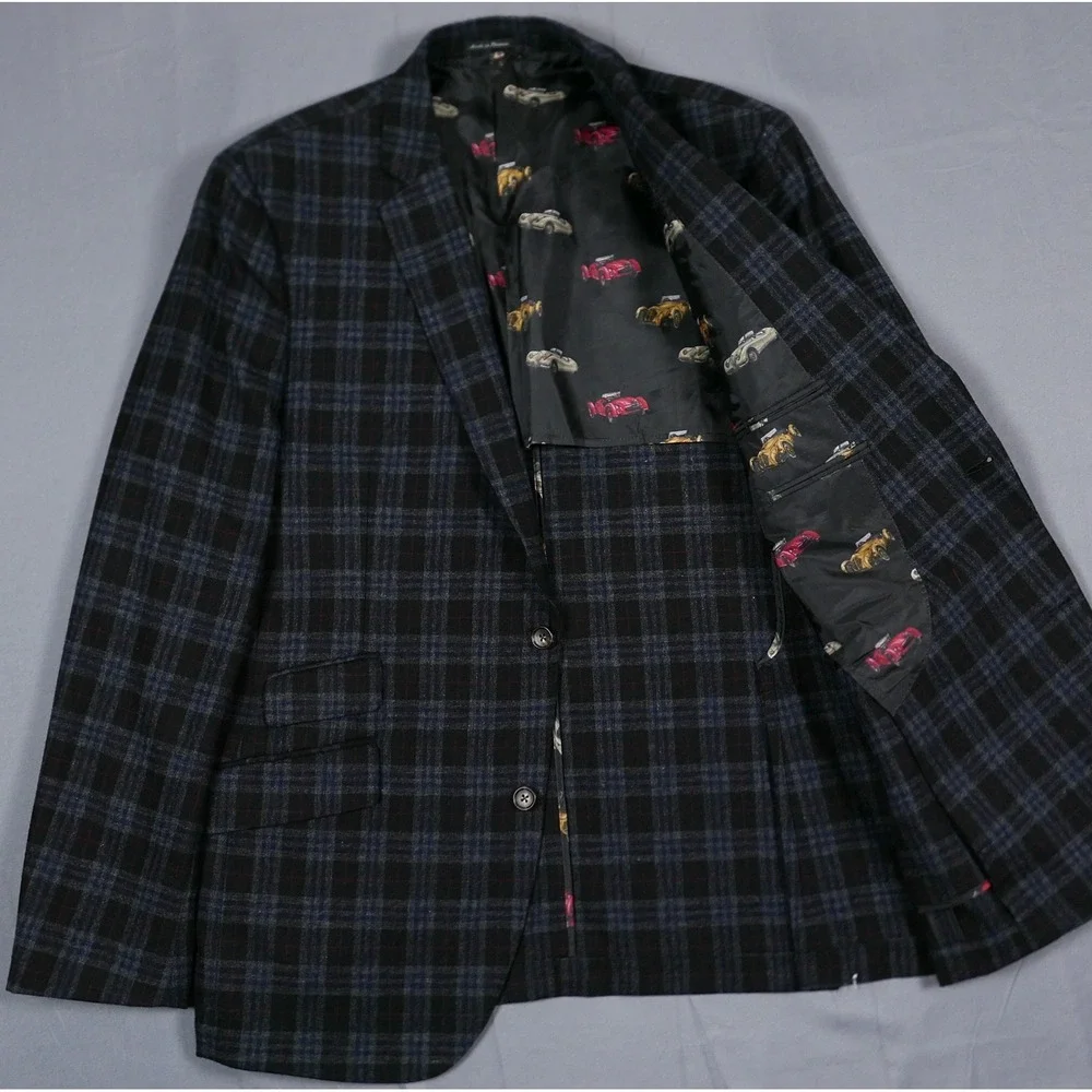 Flynt Sparrow Mens 44L Wool Plaid Check Flannel Sport Coat Vintage Car Lining